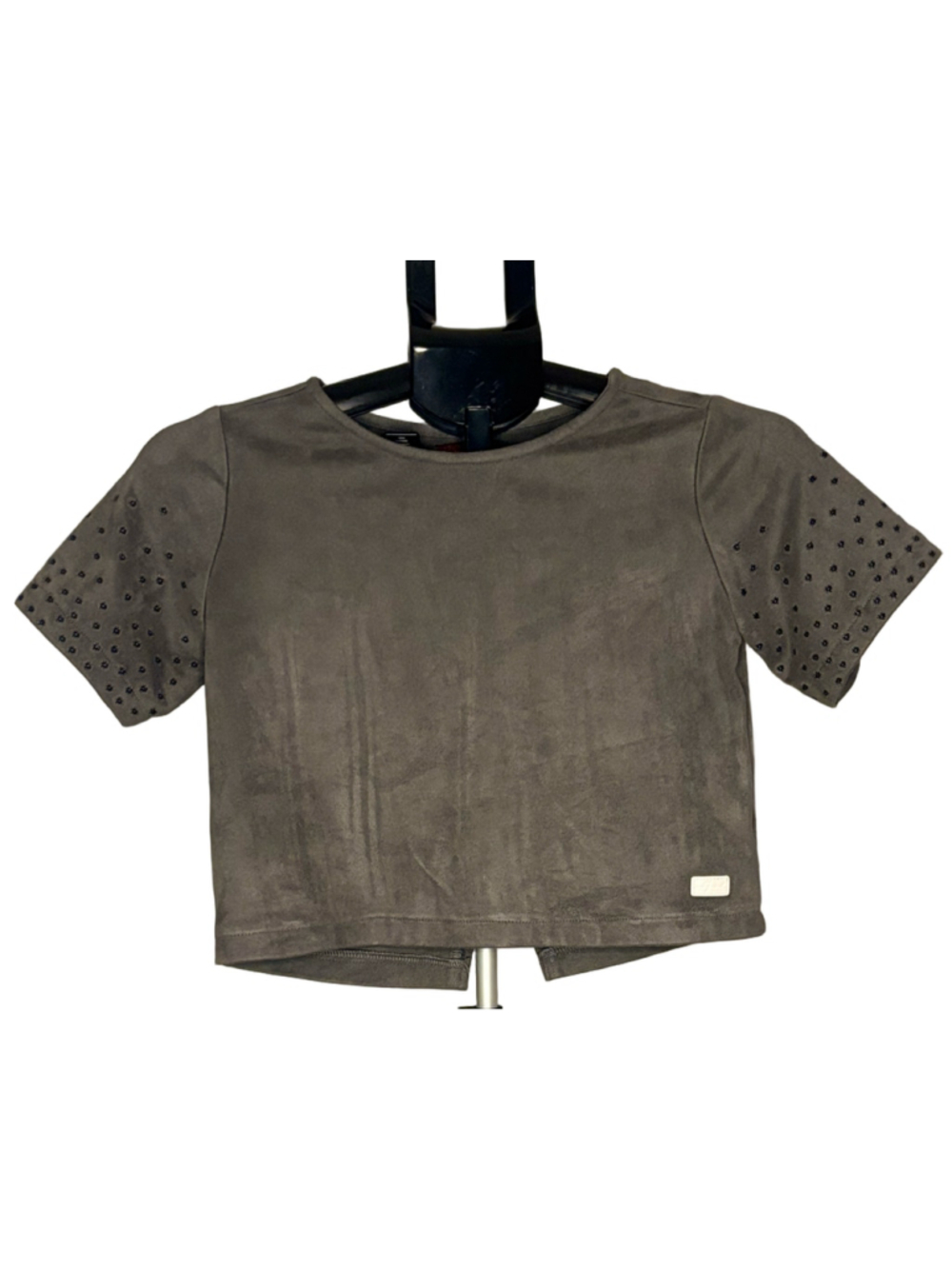 7 For All Mankind Faux Suede Top M Gray Boxy Crop Split Hem Bell Sleeve
